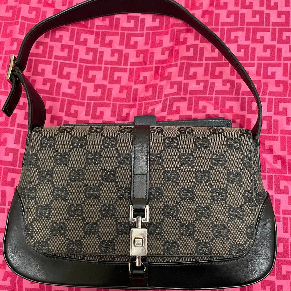 EXCELLENT - GUCCI Jackie 1961 Hobo Shoulder Bag Brown and Black GG Signature